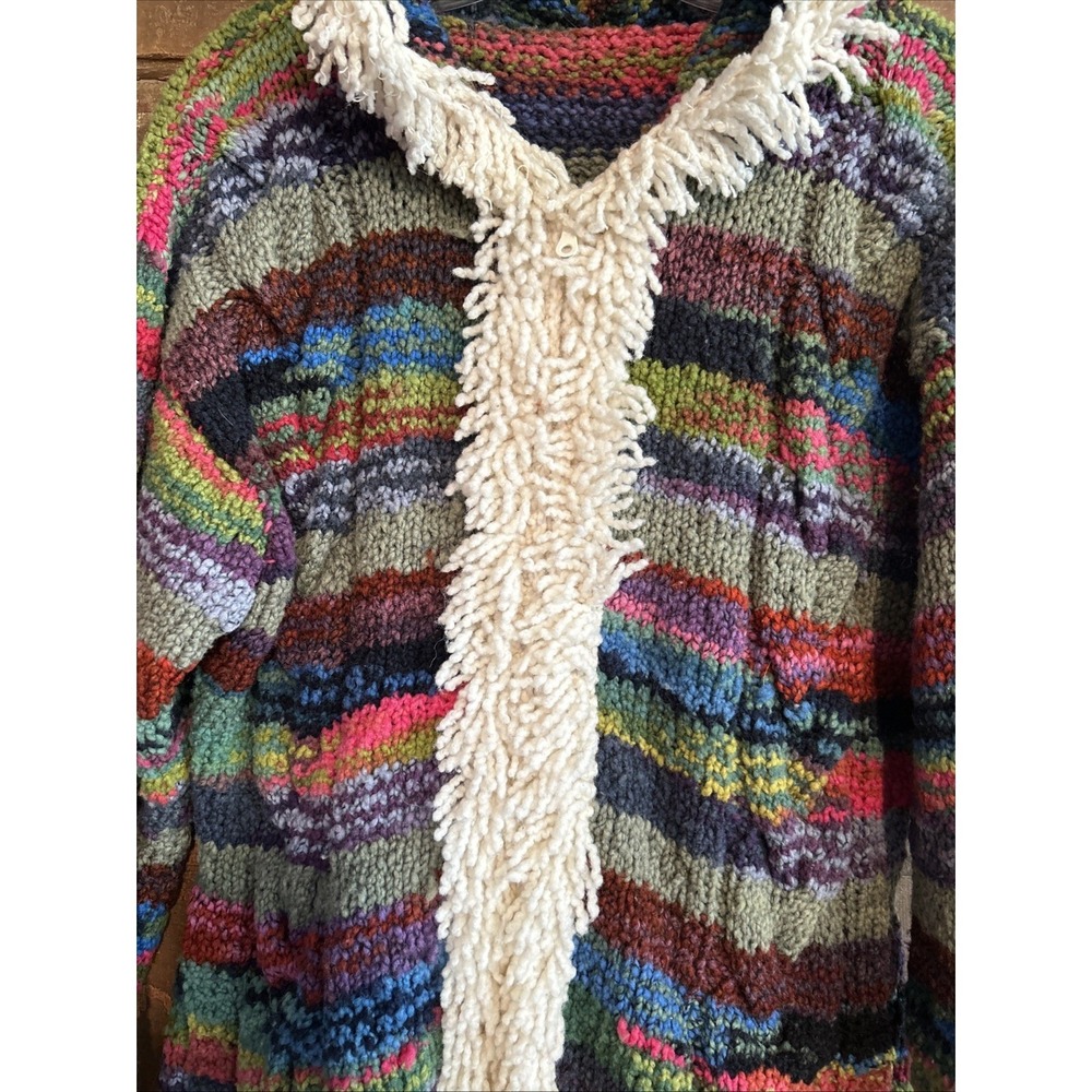 Hand Knitted Hooded Sweater Colorful Fringed Pockets Artist Made Heavy Knit - Picture 2 of 8